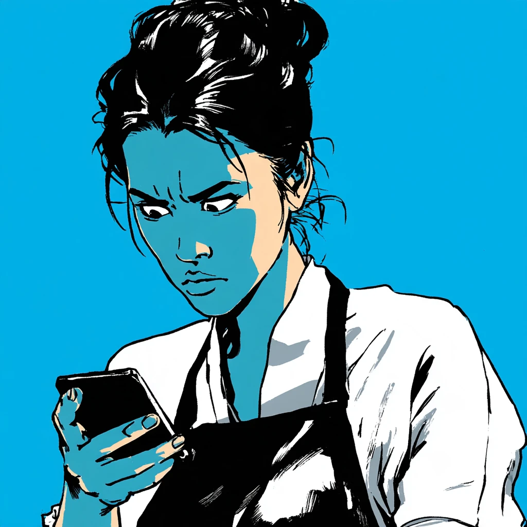 スマホの小さな画面をのぞき込んで眉をひそめている人